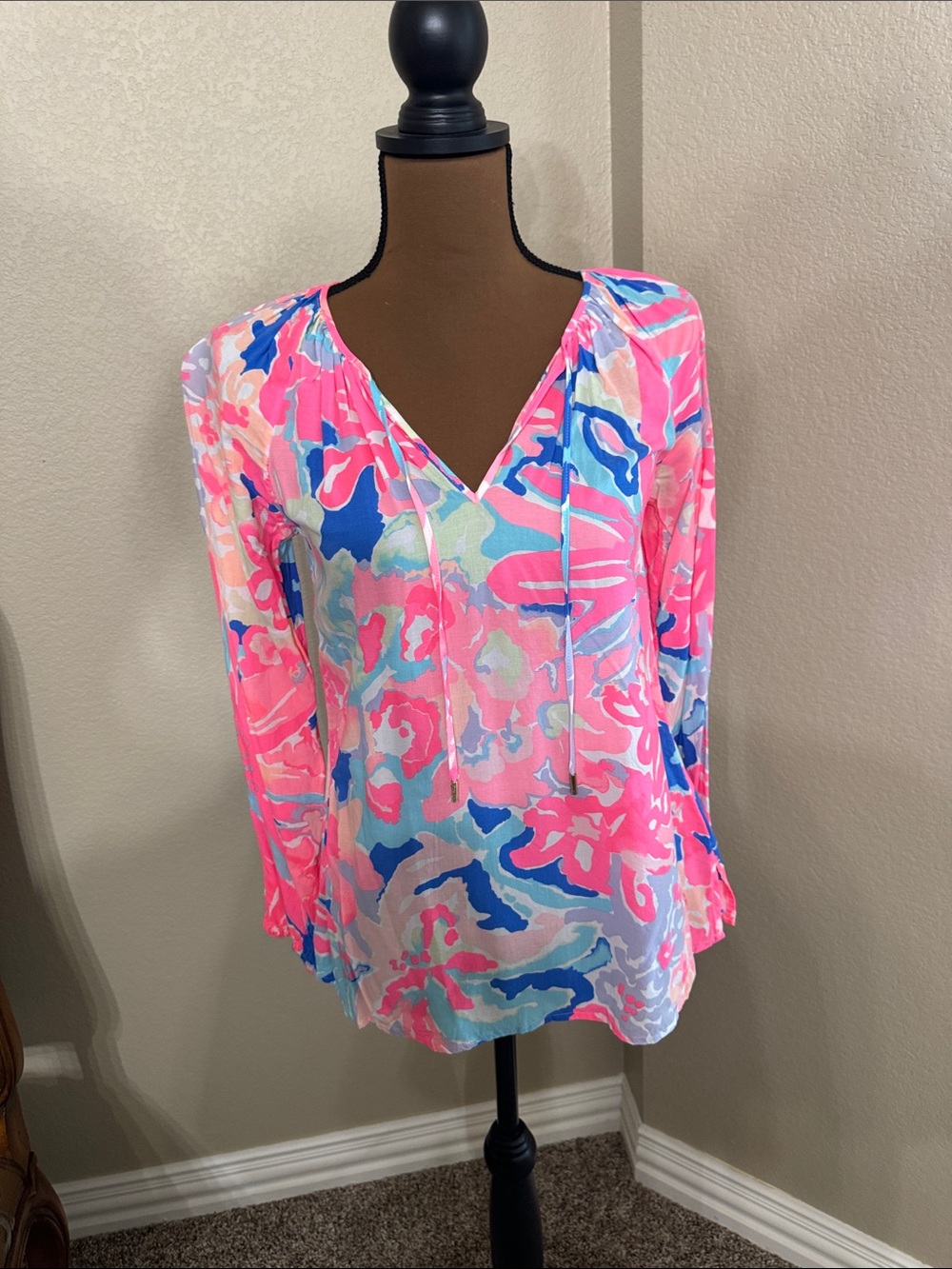 Lilly Pulitzer Pink, Blue & Mint Printed Peasant Top